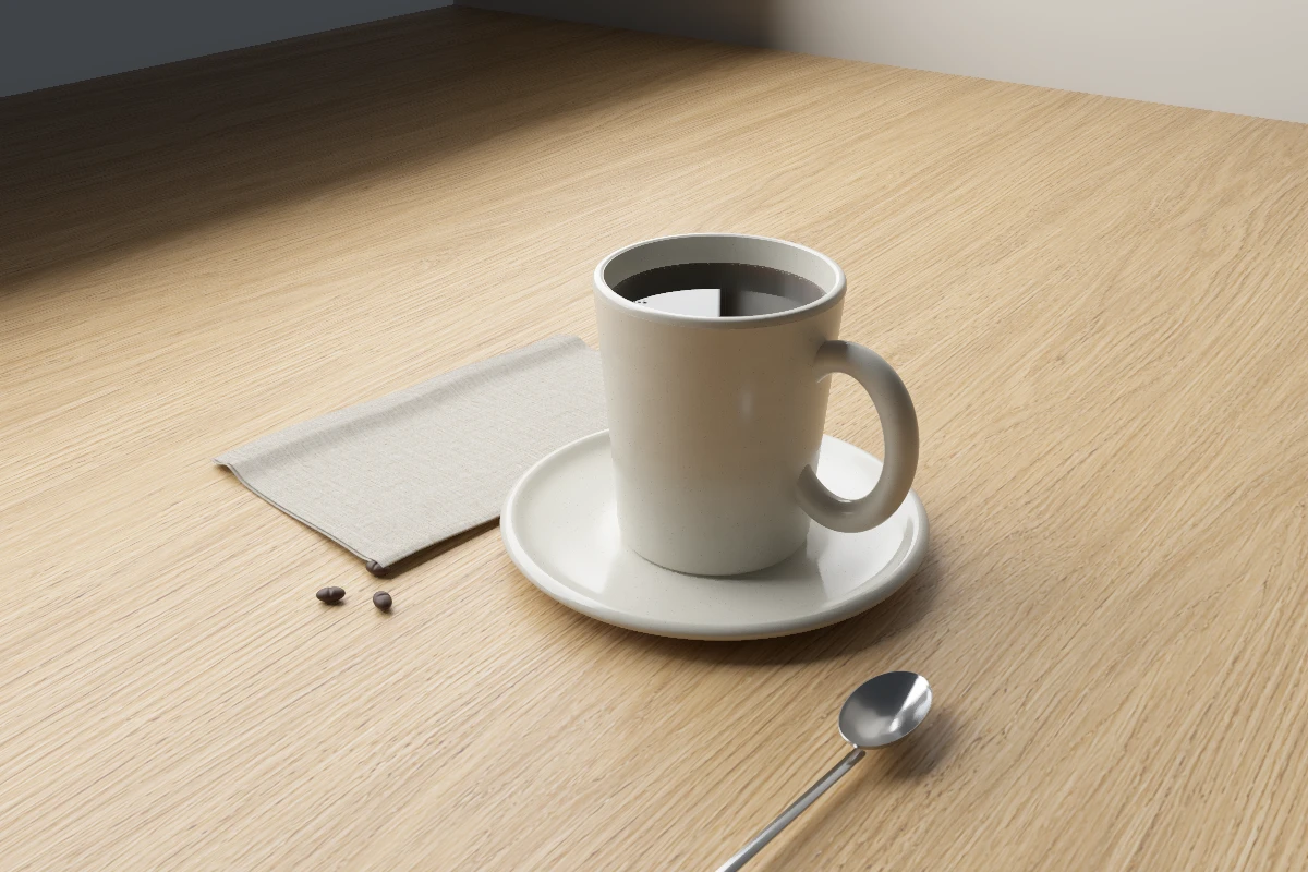 Retained Rust renderer output: a cup of liquid, ceramic saucer, spoon and linen on a wooden table