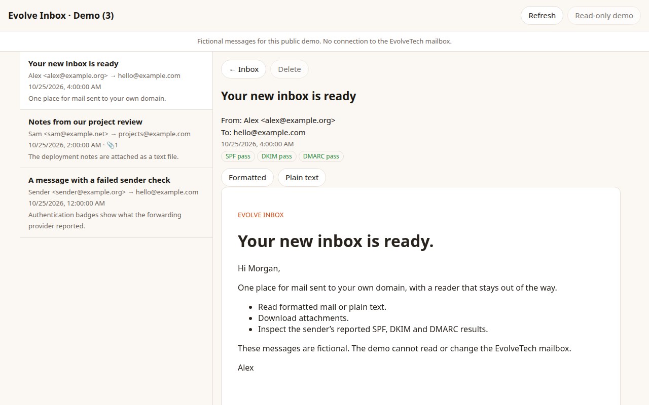 Evolve Inbox displaying fictional sample mail and a formatted message